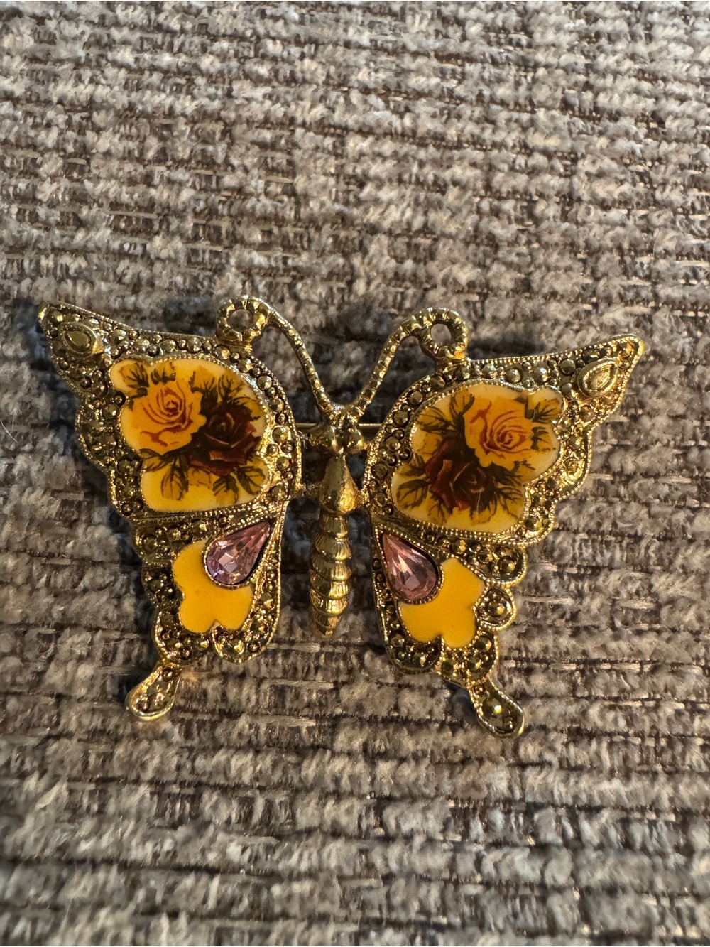 Vintage Gold Butterfly Pin Brooch with Yellow Enamel and Pink Accents